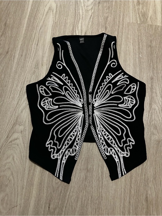 SHEIN Jackets & Blazers - SHEIN Black Vest with White Butterfly Embroidery